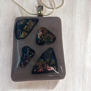 Artisan handcrafted fused lavender & multi color dichroic glass pendant w chain